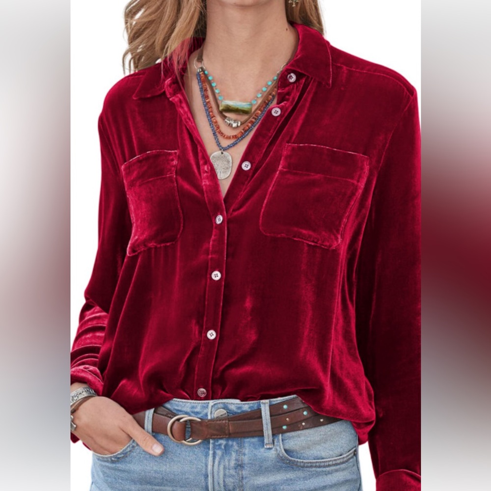 Umgee size Large red velvet, long sleeve button-down shirt,